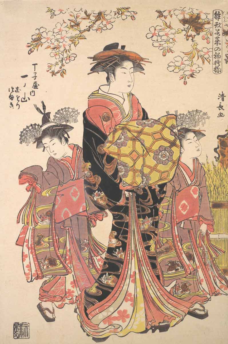 oiran accompanied two kamuro torii kiyonaga edo