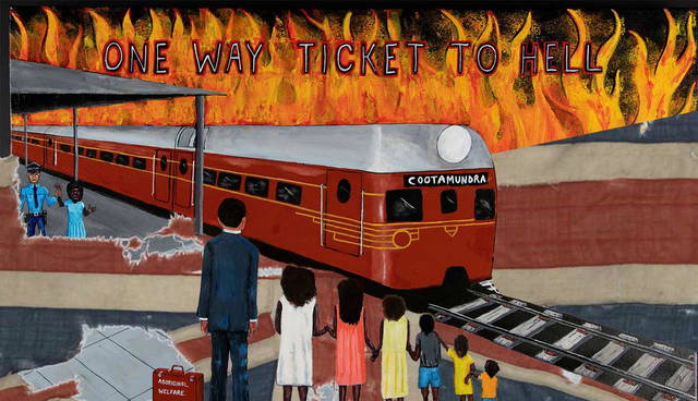 "One Way Ticket to Hell" painting depicting the Stolen Generations