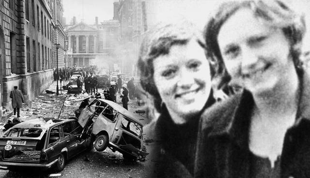 Damage after IRA bombings in London beside a photo of the Price sisters