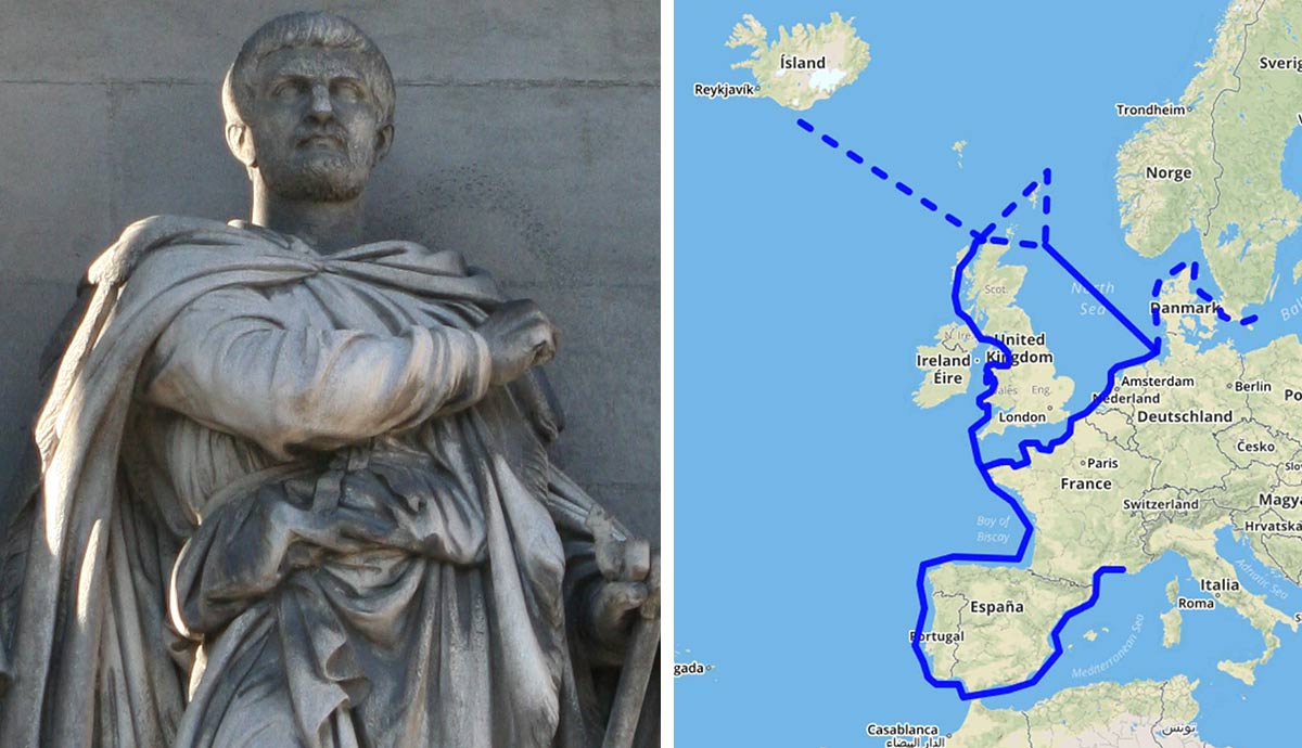 Pytheas statue and ancient exploration map