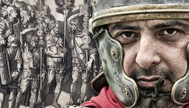 Roman soldier reenactor and classical engraving