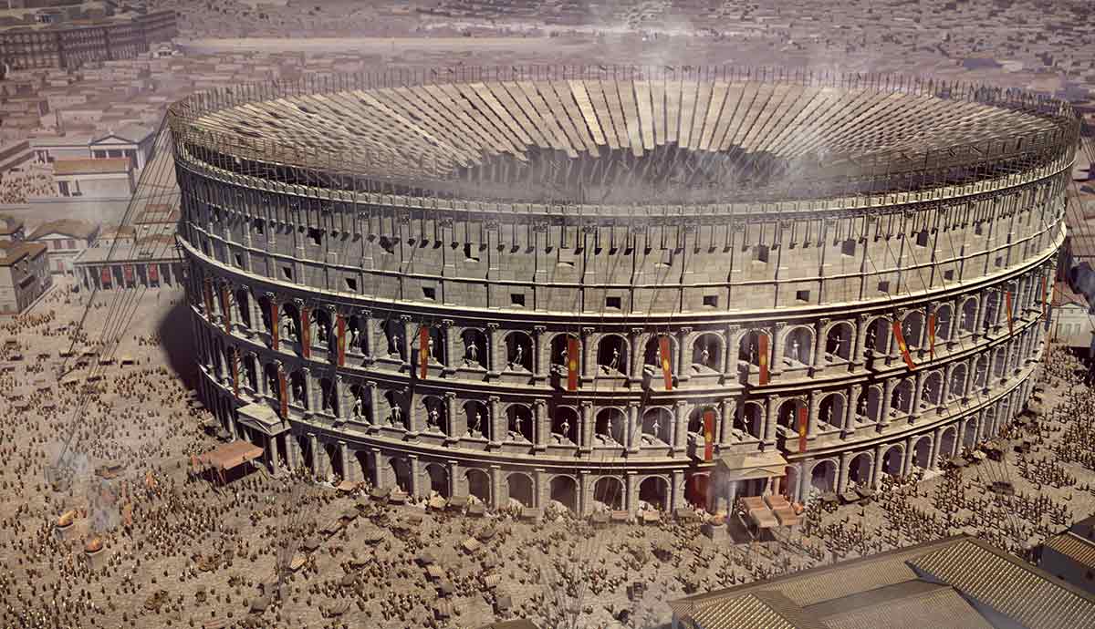Colosseum reconstruction and surrounding crowds