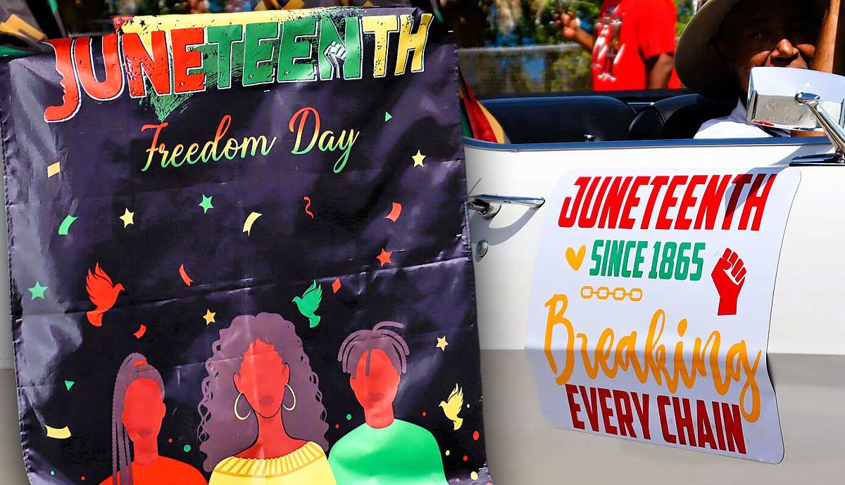 Juneteenth banners on a parade car