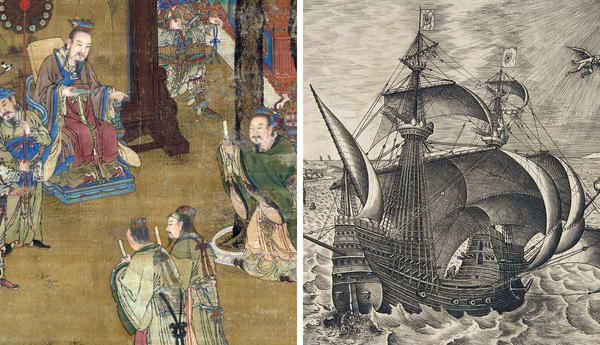 Chinese court painting beside European ship engraving