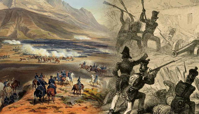 Battlefield landscape beside military skirmish engraving