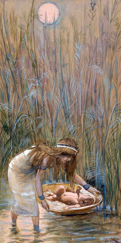 tissot moses laid amid the flags painting