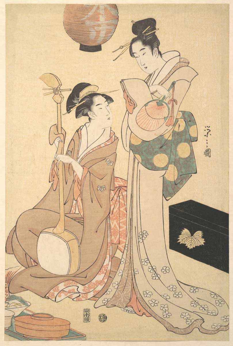 two geisha chobunsai eishi woodblock print 1792