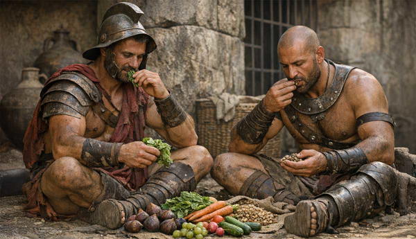 Two Roman gladiators eating a plant based diet.