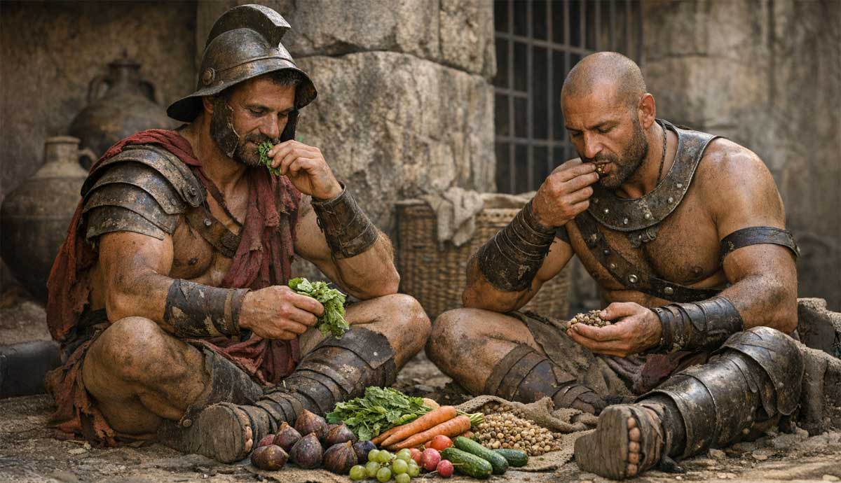 Two Roman gladiators eating a plant based diet.