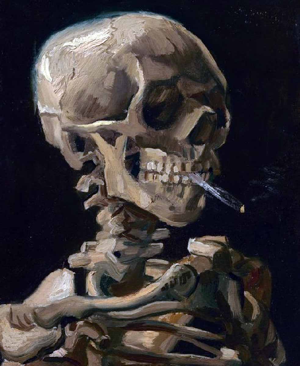 van gogh head of skeleton with burning cigarette
