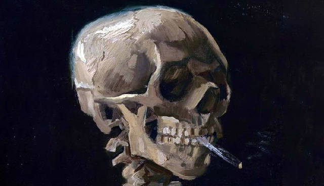 van gogh head of skeleton with burning cigarette