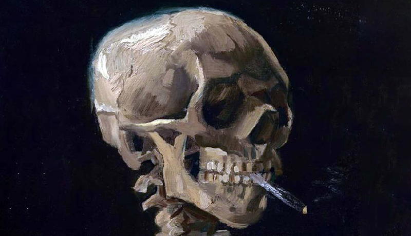 van gogh head of skeleton with burning cigarette
