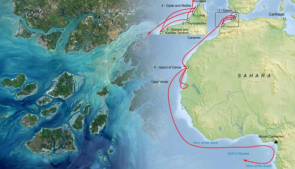 Satellite view and Hanno's voyage map