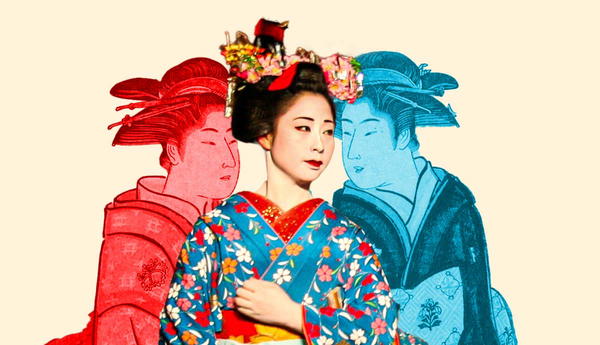 Geisha between red and blue woodblock-style silhouettes