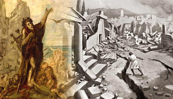 Lamenting figure and earthquake ruins