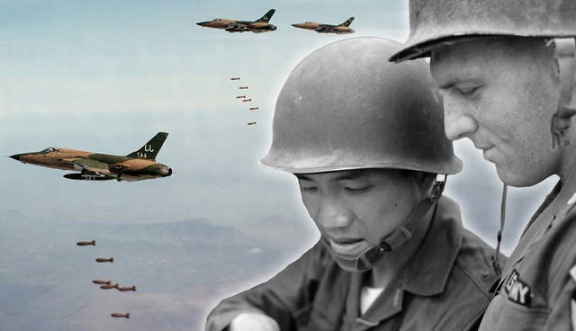 Soldiers with Vietnam War aerial bombing