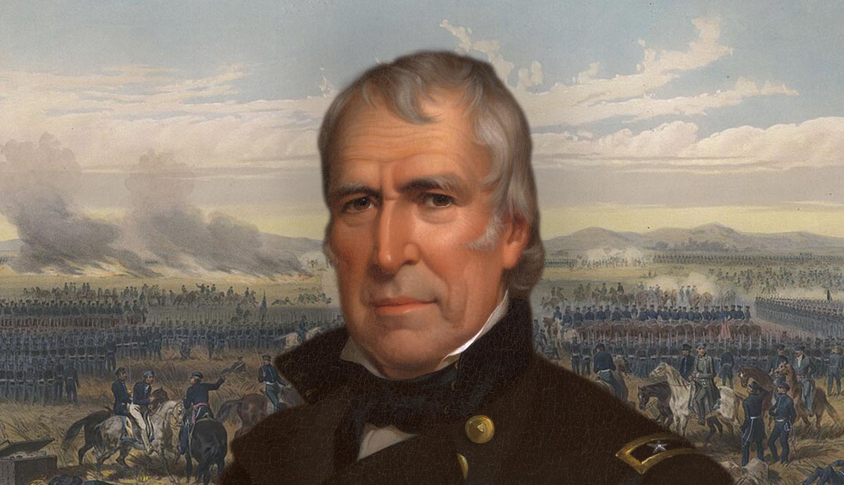 Portrait of Zachary Taylor over battlefield