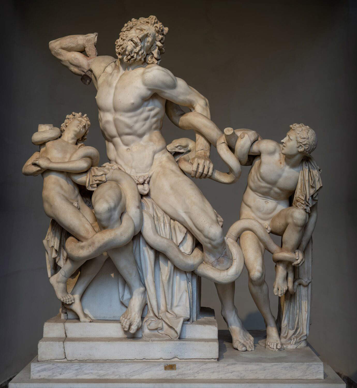 An ancient Greco-Roman marble statuary group featuring a muscular, bearded man—the priest Laocoön—and his two sons. They are entwined in the thick, writhing coils of two giant snakes. The father’s face is contorted in a visceral expression of agony, while the boys display terror and exhaustion as they are constricted.