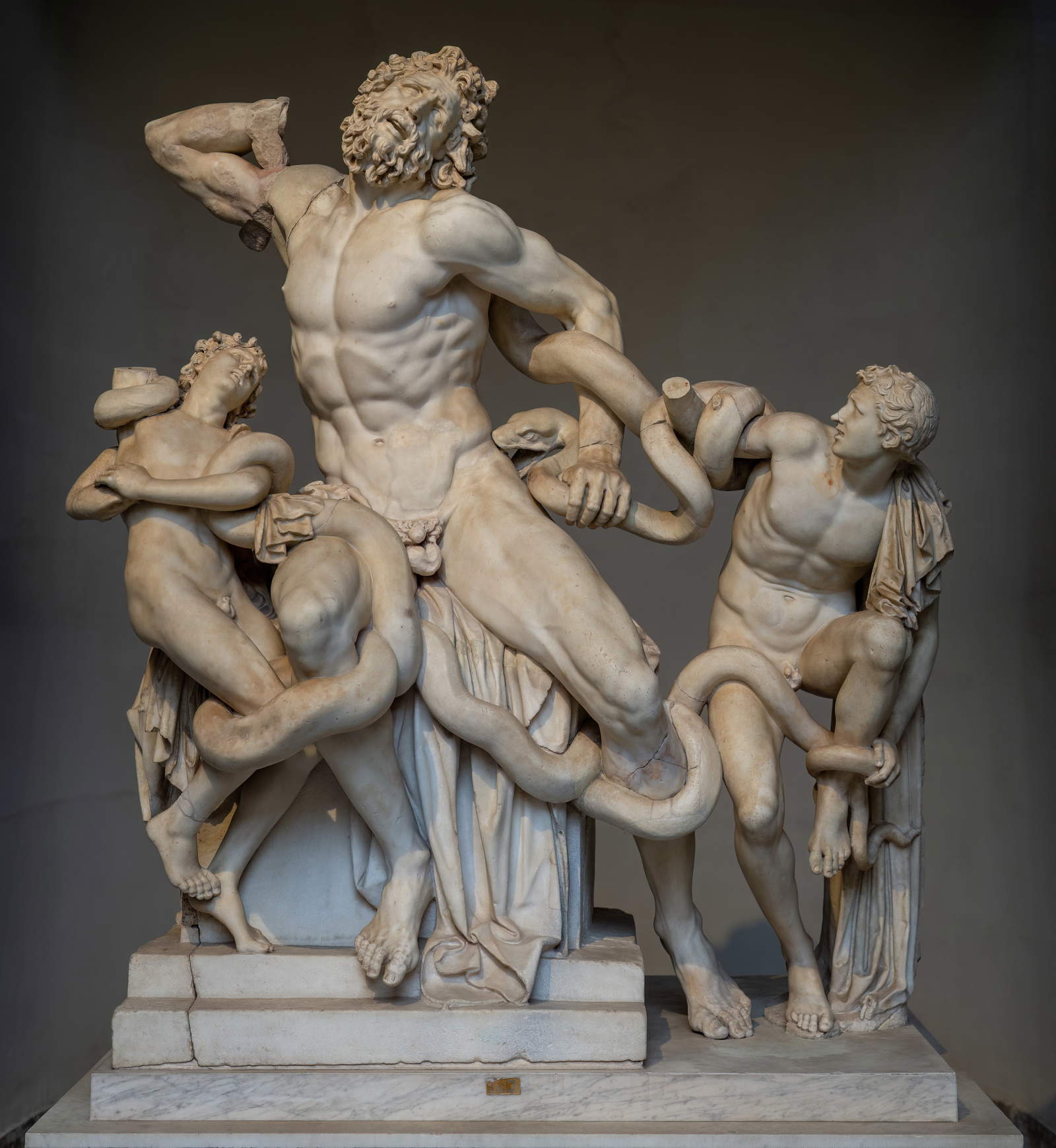An ancient Greco-Roman marble statuary group featuring a muscular, bearded man—the priest Laocoön—and his two sons. They are entwined in the thick, writhing coils of two giant snakes. The father’s face is contorted in a visceral expression of agony, while the boys display terror and exhaustion as they are constricted.