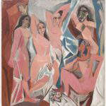 A monumental oil painting by Pablo Picasso featuring five nude women in a fragmented, Proto-Cubist style with sharp, angular bodies and mask-like faces against a fractured backdrop of blue and terracotta.