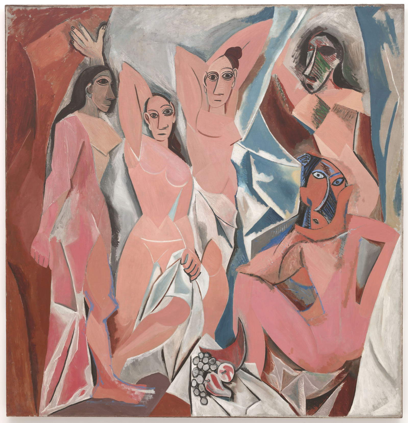 A monumental oil painting by Pablo Picasso featuring five nude women in a fragmented, Proto-Cubist style with sharp, angular bodies and mask-like faces against a fractured backdrop of blue and terracotta.