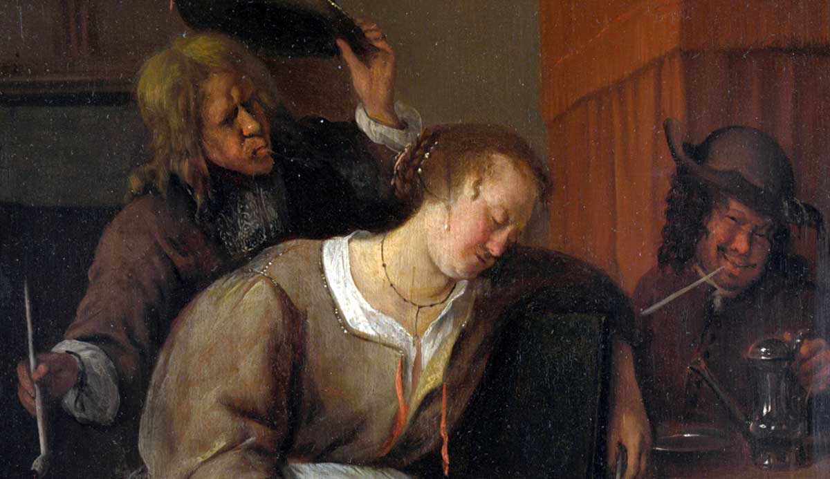 a man blowing smoke at a drunken woman jan steen