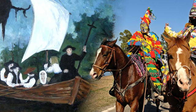 painting of acadian migrants moving to louisiana and costumed riders