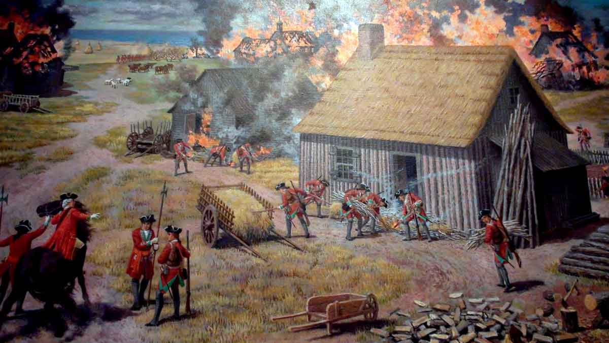 acadian farmsteads burning