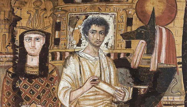 A funerary veil showing the deceased holding a papyrus roll, standing between Osiris and Anubis