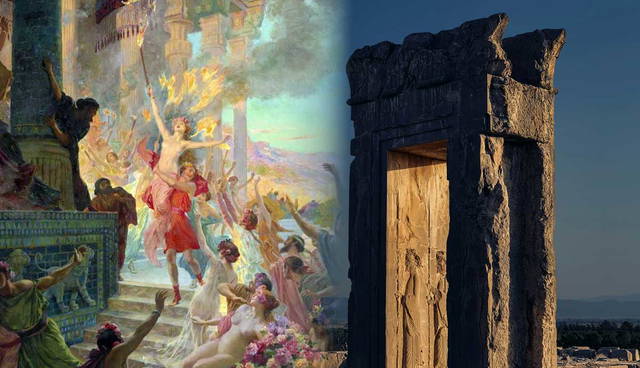 Painting of Thais beside Persepolis ruins