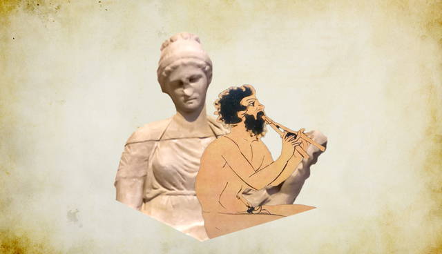 Greek statue with flute player collage