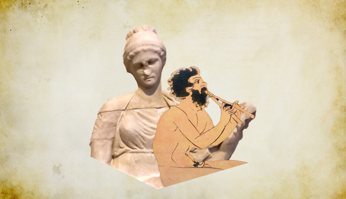 Greek statue with flute player collage