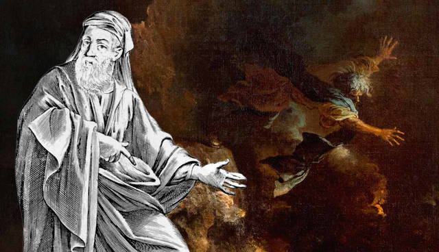 Engraving of Empedocles in dramatic landscape