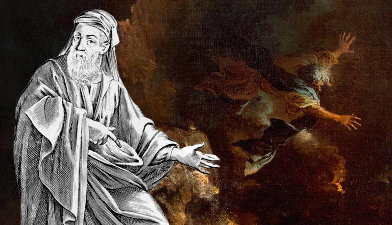 Engraving of Empedocles in dramatic landscape