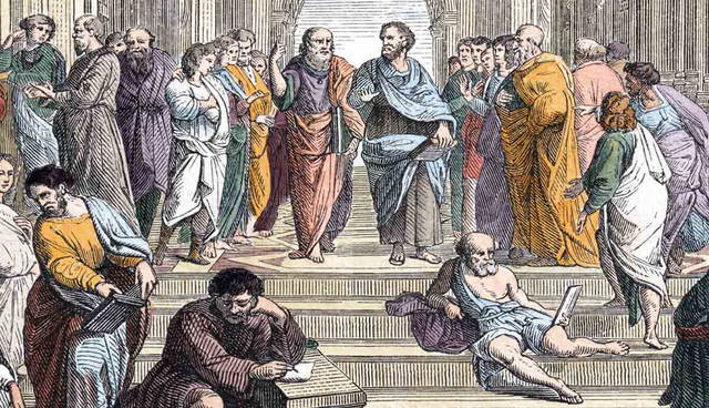 Ancient Greek philosophers in school courtyard