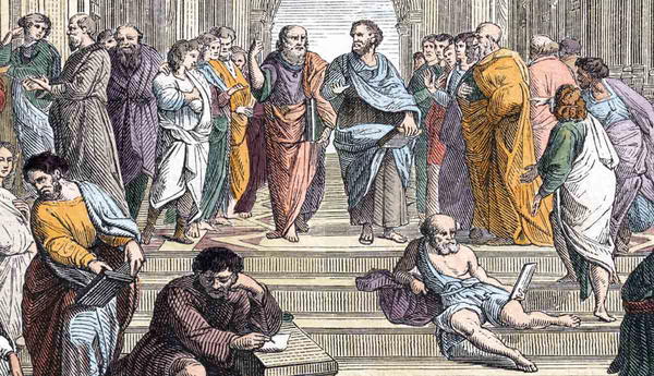 Ancient Greek philosophers in school courtyard