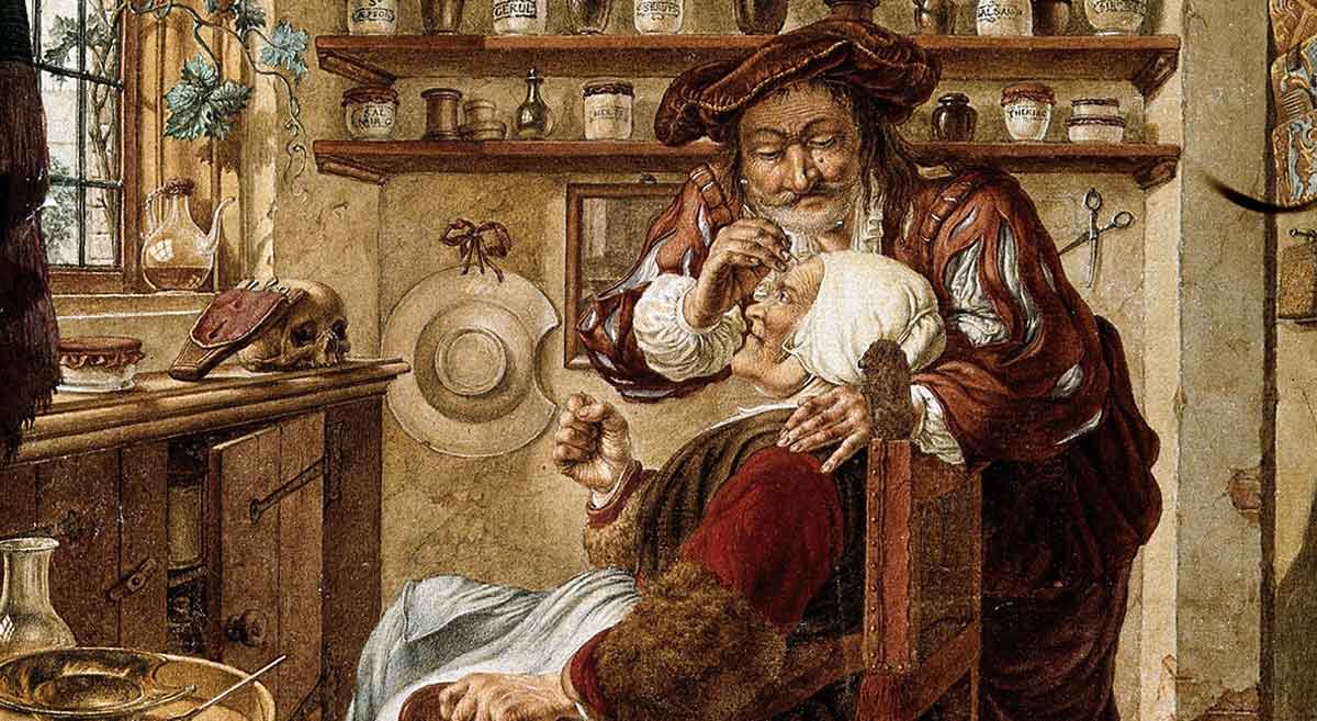 barber surgeon extracting stones from womans head
