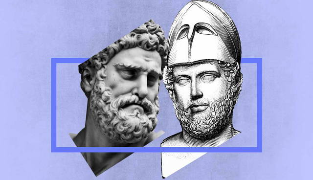 Two classical busts within a blue frame