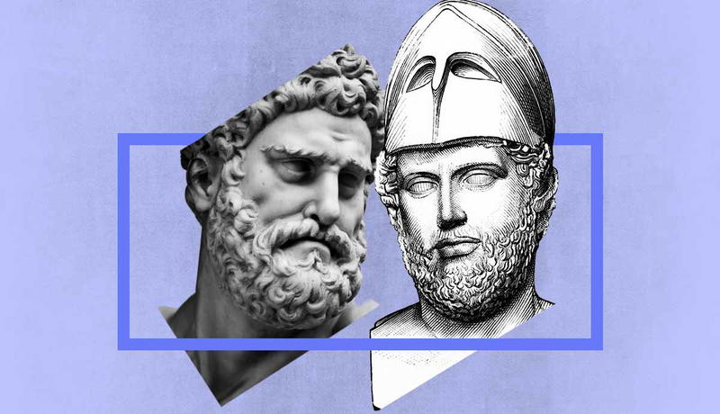 Two classical busts within a blue frame