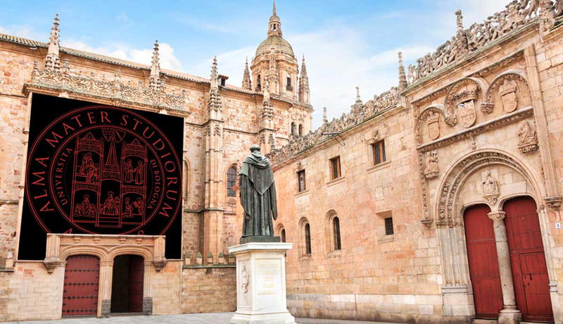 The facade of the University of Salamanca with university of bologna seal