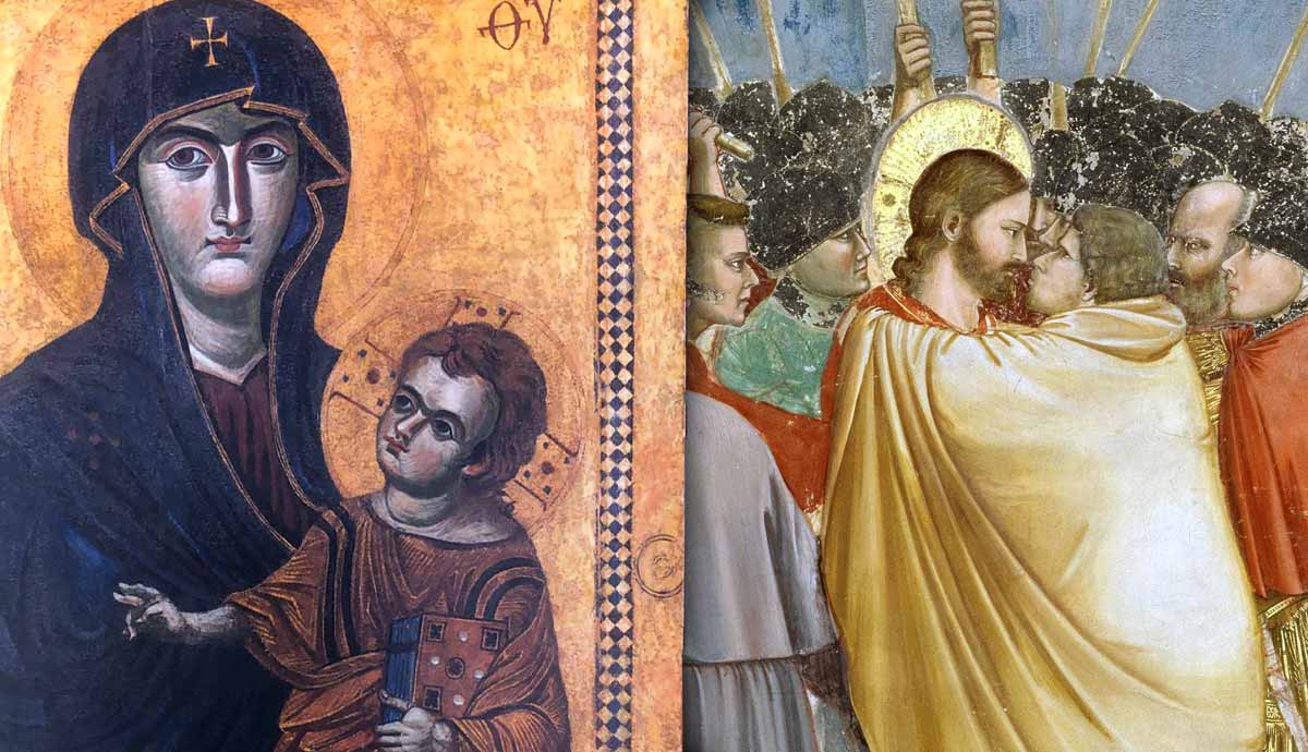 Side by side religious paintings of Madonna and Judas