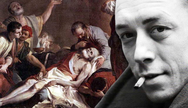 Classical painting of deathbed alongside Camus