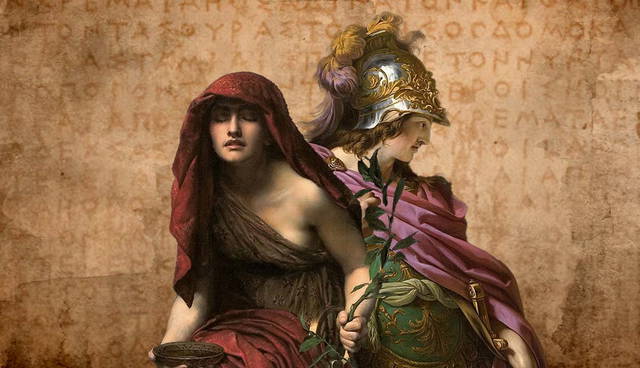 Priestess of Delphi and Alcibiades before Greek inscription