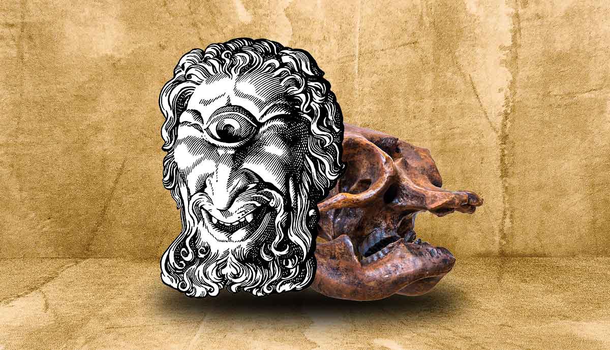 Cyclops illustration beside an elephant skull