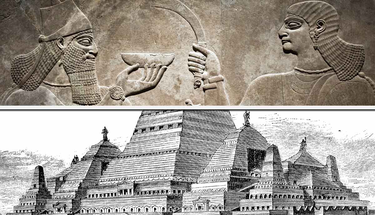 Mesopotamian relief and stepped ziggurat