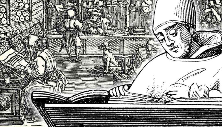 Medieval scribe and workshop woodcut illustration