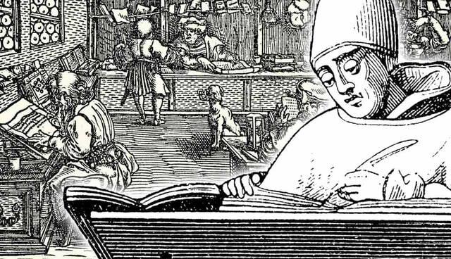 Medieval scribe and workshop woodcut illustration