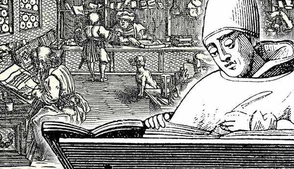 Medieval scribe and workshop woodcut illustration