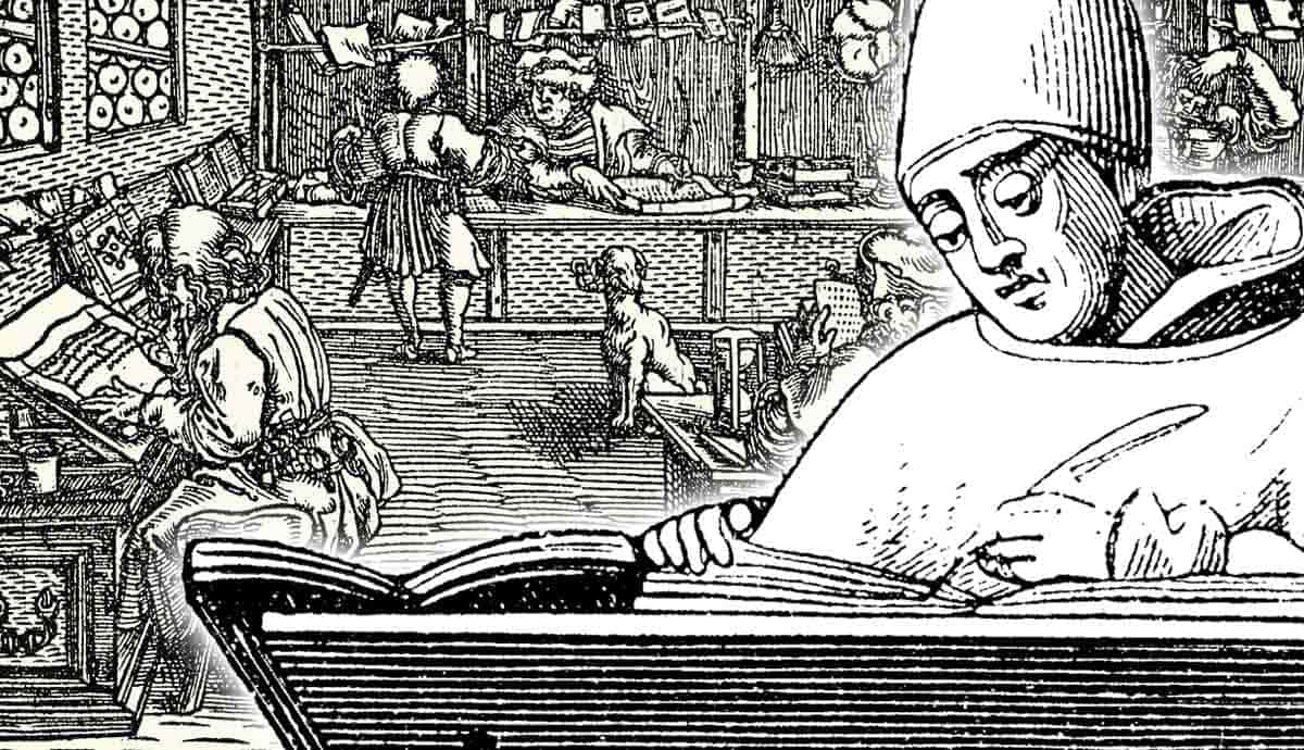 Medieval scribe and workshop woodcut illustration