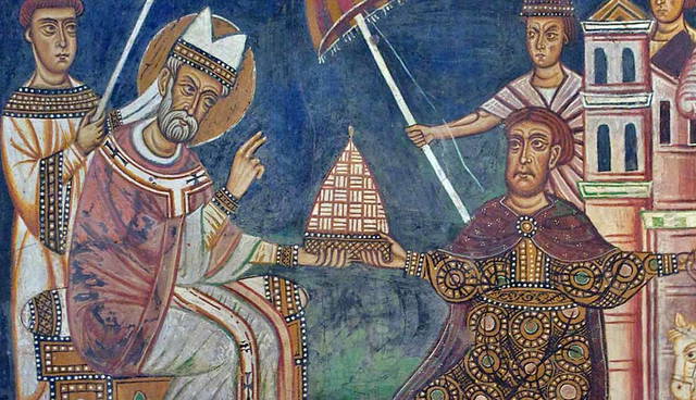 Pope Sylvester and Emperor Constantine depicted in the fresco